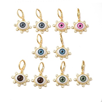 Resin Horse Eye Dangle Leverback Earrings with Cubic Zirconia, Real 18K Gold Plated Brass Jewelry for Women, Mixed Color, 30.5mm, Pin: 1mm
