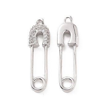 Brass Micro Pave Clear Cubic Zirconia Pendants, Paper Clip Charm, Platinum, 31.5x8.5x3mm, Hole: 1.6mm and 3.5mm