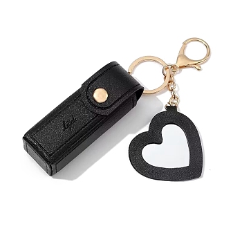 PU Leather Lipstick Storage Bags, Portable Lip Balm Organizer Holder for Women Ladies, with Light Gold Tone Alloy Keychain and Mirror, Heart, Black, Bag: 6x3cm