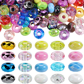 150Pcs 5 Styles Opaque Acrylic European Beads, Large Hole Beads, AB Color, Faceted, Flat Round, Mixed Color, 14~15x8mm, Hole: 4.7~5mm, 30pcs/style