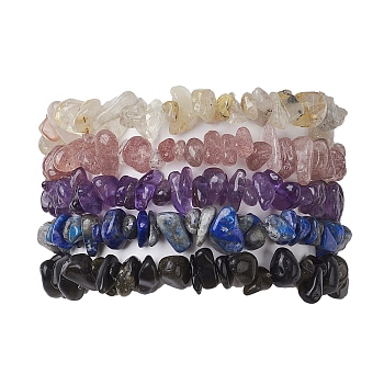 12 Constellation Natural Mixed Gemstone Chip Beaded Stretch Bracelets Sets for Women Men, Aries, Inner Diameter: 2-1/8 inch(5.5cm), 4pcs/set