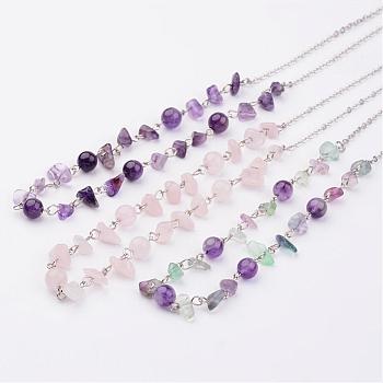 Gemstone Beaded Necklaces, with 304 Stainless Steel Lobster Claw Clasps, Mixed Color, 19.3 inch