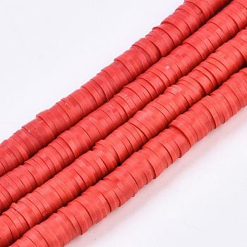 Flat Round Handmade Polymer Clay Beads, Disc Heishi Beads for Hawaiian Earring Bracelet Necklace Jewelry Making, Red, 6x1mm, Hole: 2mm, about 353~378pcs/strand, 17.7 inch