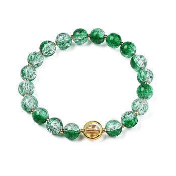 Round Glass Beaded Stretch Bracelet with Gold Plated Brass Ring for Women, Sea Green, Inner Diameter: 2 inch(5cm)