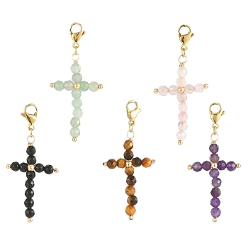 Cross Natural Gemstone Pendant Decoraiton, 304 Stainless Steel Lobster Claw Clasps Charms, 50~51mm
