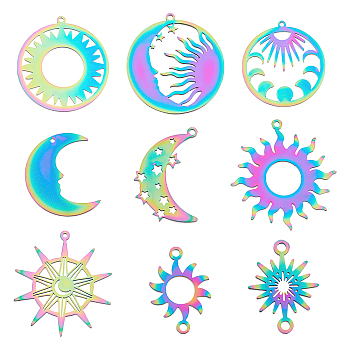SUPERFINDINGS 9Pcs 9 Style Ion Plating(IP) 201 Stainless Steel Links & Pendants, Laser Cut, Sun & Moon & Star, Rainbow Color, 13~33.5x19~30.5x1mm, Hole: 1~1.8mm, 1pcs/style