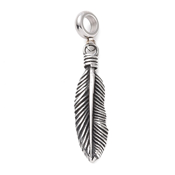 304 Stainless Steel Manual Polishing European Dangle Charms, Large Hole Pendants, Feather, Antique Silver, 50mm, Feather: 38.5x9.5x3mm, Hole: 5mm
