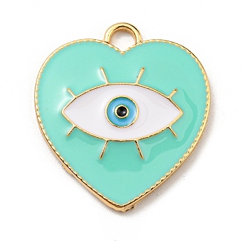 Alloy Enamel Pendants, Golden, Heart with Evil Eyes Charm, Aquamarine, 26x24x2.5mm, Hole: 3mm