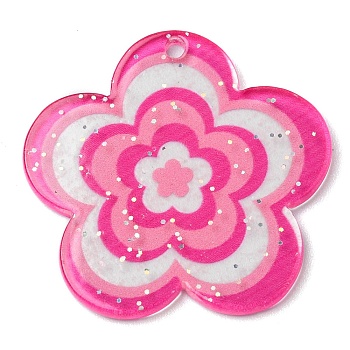 Acrylic Pendants with Glitter Powder, Flower, Deep Pink, 30.5x31.5x1.8mm, Hole: 1.8mm