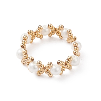Shell Pearl & Brass Braided Bead Cross Finger Ring for Women, Golden, US Size 9 1/4(19.1mm)