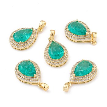 Golden Plated Brass Micro Pave Clear Cubic Zirconia Pendants, with Glass, Long-Lasting Plated, with Snap on Bails, Teardrop, Light Sea Green, 24.5x16x7.5mm, Hole: 3x5mm