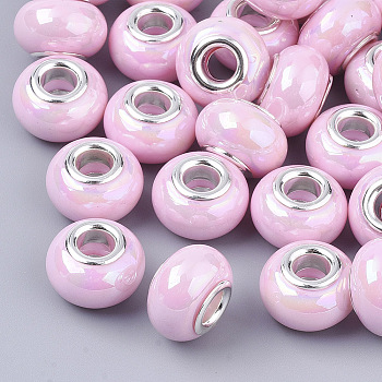 Opaque Resin European Beads, Large Hole Beads, Imitation Porcelain, with Platinum Tone Brass Double Cores, AB Color, Rondelle, Pearl Pink, 14x9mm, Hole: 5mm
