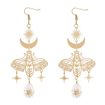 Alloy Moth with Flower Specimen Drop Dangle Earrings, Moon Sun Star Long Drop Earrings for Women, Golden, 111x45mm, Pin: 0.8mm