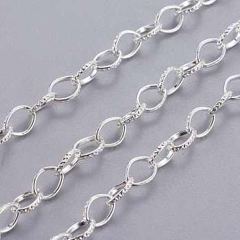 Iron Cable Chains, Textured, Unwelded, with Spool, Flat Oval, Silver Color Plated, 8x6x1mm, about 164.04 Feet(50m)/roll