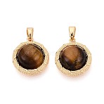 Natural Tiger Eye Pendants, Brass Flat Round Charms, Real 18K Gold Plated, 17x15x6mm, Hole: 4.5x3mm(KK-N287-21G)