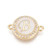 Brass Micro Pave Cubic Zirconia Links, with Shell, Long-Lasting Plated, Lead Free & Cadmium Free & Nickel Free, Real 18K Gold Plated, Flat Round with Letter, Clear, Letter.B, 13.5x18.5x4.5mm, Hole: 1.4mm(ZIRC-L078-006B-NR)