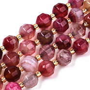 Natural Agate Beads Strands, Faceted, with Seed Beads, Dyed, Round, Hot Pink, 8x7.5mm, Hole: 1.2mm, Beads: 3.5x2mm, about 34pcs/strand, 15.35 inch(39cm)(G-T131-82A-08)