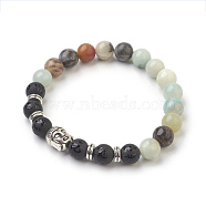 Natural Flower Amazonite Beads and Natural Frosted Agate Beads Stretch Bracelets, with Tibetan Style Beads, Round, 2-1/8 inch(5.4cm), Bag: 12x8.5x3cm(BJEW-JB03848-03)
