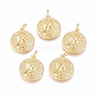 Brass Pendants, with Jump Rings, Flat Round with Woman, Golden, 17x15x4mm, Hole: 3.4mm(KK-L189-17G)