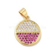 Brass Micro Pave Cubic Zirconia Pendants, Cadmium Free & Lead Free, Long-Lasting Plated, Flat Round, Real 18K Gold Plated, Magenta, 17.5x15x2mm, Hole: 3.5x3mm(KK-B059-35G-E)