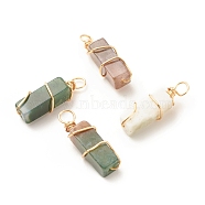 Natural Indian Agate Pendants, with Golden Tone Copper Wire Wrapped, Cuboid, 19~20x6x6mm, Hole: 2.5~3mm(PALLOY-JF01581-02)