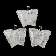 Natural Quartz Crystal Carved Pendants, Butterfly Charms with Platinum Plated Brass Snap on Bails, 30x35.5x7mm, Hole: 7x4.5mm(G-B067-01E)