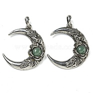 Natural Green Aventurine Pendants, Alloy Flower Crescent Moon Charms, Antique Silver, 43.5x35.5x8.5mm, Hole: 8x7mm(G-P547-04AS-06)