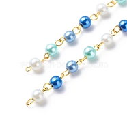 Handmade Glass Pearl Round Beaded Chains, with Brass Eye Pins, Unwelded, Blue, 13x6mm, about 3.28 Feet(1m)/Box(AJEW-SZ0002-40B)