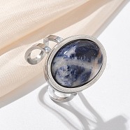 Oval Natural Sodalite Finger Rings, 304 Stainless Steel Open Cuff Rings for Women, Oval: 21.5x16.5mm, Inner Diameter: Adjustable(RJEW-M062-02P-05)