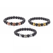 Natural Lava Rock Round Beads Essential Oil Anxiety Aromatherapy Bracelets, Skull Alloy Beads Stretch Bracelets Set for Girl Women, Inner Diameter: 2-1/8 inch(5.5cm), 3pcs/set(X1-BJEW-JB06921)