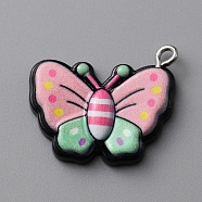 Opaque Resin Pendants, Butterfly Charms, with Platinum Tone Iron Loops, Pink, 19.5x27.5x9.5mm, Hole: 2mm(RESI-CJC0011-28B)