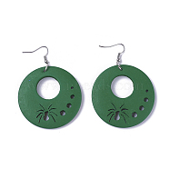 Wood Dangle Earrings, with Platinum Tone Iron Earring Hooks, Flat Round with Spider, Green, 71mm, Pin: 0.6mm, Pendant: 49.5~50x5~5.5mm(X-EJEW-L219-A02)