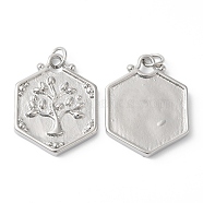 Eco-Friendly Rack Plating Brass Pendants, with Jump Ring, Long-Lasting Plated, Lead Free & Cadmium Free, Hexagon with Tree of Life Charm, Platinum, 23x18x2.5mm, Hole: 3.5mm(KK-R143-16P)