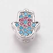 Brass Cubic Zirconia Beads, Hamsa Hand/Hand of Fatima/Hand of Miriam, Colorful, Platinum, 9.5x8.5x4mm, Hole: 2mm(KK-P134-06P)
