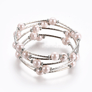 Fashion Wrap Bracelets, Glass Pearl Bracelets with Tube Beads, Pink, Bracelet: about 60mm inner diameter, Sold per 40 Bracelets(J-JB00041-10)
