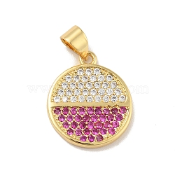 Brass Micro Pave Cubic Zirconia Pendants, Cadmium Free & Lead Free, Long-Lasting Plated, Flat Round, Real 18K Gold Plated, Magenta, 17.5x15x2mm, Hole: 3.5x3mm(KK-B059-35G-E)