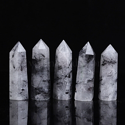 Point Tower Natural Tourmalinated Quartz Healing Stone Wands, for Reiki Chakra Meditation Therapy Decors, Hexagonal Prism, 60~70mm(PW-WG27572-02)