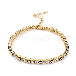 Flat Round with Evil Eye Link Chain Bracelet, Clear Cubic Zirconia Tennis Bracelet, Brass Jewelry for Women, Golden, Black, 7-1/8 inch(18.2cm)(BJEW-C007-05G-01)