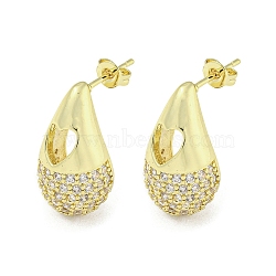 Brass with Cubic Zirconia Stud Earrings, Teardrop, Golden, 21.5x12mm(EJEW-Q799-02A-G)