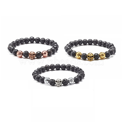 Natural Lava Rock Round Beads Essential Oil Anxiety Aromatherapy Bracelets, Skull Alloy Beads Stretch Bracelets Set for Girl Women, Inner Diameter: 2-1/8 inch(5.5cm), 3pcs/set(X1-BJEW-JB06921)