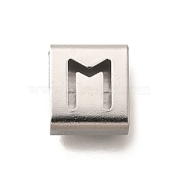 Letter Style 304 Stainless Steel Square Slide Charms, Letter M, 9x8x4mm, Hole: 3.5x8.5mm(STAS-L132-22M)