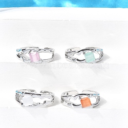 Square Brass Cat Eye Cuff Rings, Cadmium Free & Lead Free, Long-Lasting Plated, Rack Plating, Platinum, Mixed Color, 8mm, Inner Diameter: Adjustable(RJEW-G344-01P)