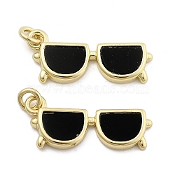 Brass Enamel Pendants, with Jump Ring, Glasses Charm, Real 18K Gold Plated, Black, 20x11.5x2mm, Hole: 1.5mm(KK-U060-27G)