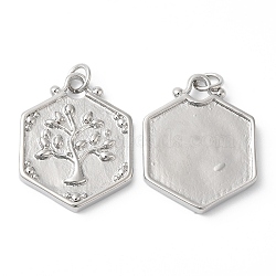 Eco-Friendly Rack Plating Brass Pendants, with Jump Ring, Long-Lasting Plated, Lead Free & Cadmium Free, Hexagon with Tree of Life Charm, Platinum, 23x18x2.5mm, Hole: 3.5mm(KK-R143-16P)