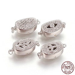Rhodium Plated 925 Sterling Silver Box Clasps, with Cubic Zirconia, with 925 Stamp, Oval, Platinum, Clear, 18x8x7mm, Hole: 1mm(STER-L059-08M)