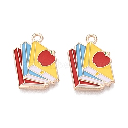 Back to School Alloy Enamel Pendants, Book & Apple Charms, Light Gold, FireBrick, 21x15x1mm, Hole: 1.8mm(ENAM-Q004-01KCG-24)