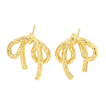 Rack Plating Brass Stud Earrings, Long-Lasting Plated, Lead Free & Cadmium Free, Bowknot, Real 18K Gold Plated, 22x23mm