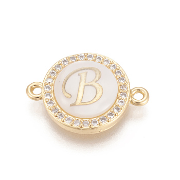 Brass Micro Pave Cubic Zirconia Links, with Shell, Long-Lasting Plated, Lead Free & Cadmium Free & Nickel Free, Real 18K Gold Plated, Flat Round with Letter, Clear, Letter.B, 13.5x18.5x4.5mm, Hole: 1.4mm