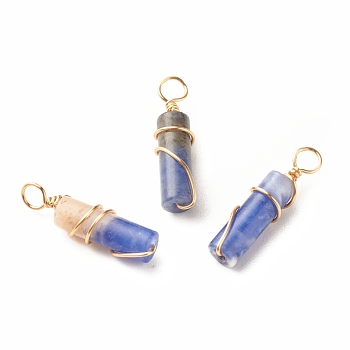 Natural Sodalite Pendants, with Light Gold Tone Eco-Friendly Copper Wire Wrapped, Column, 20~21x5~5.5mm, Hole: 2.3~2.8mm