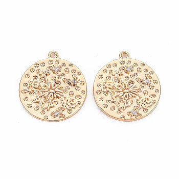 Brass Micro Pave Clear Cubic Zirconia Pendants, Nickel Free, Flat Round with Dandelion, Real 18K Gold Plated, 22x20x2mm, Hole: 1.5mm